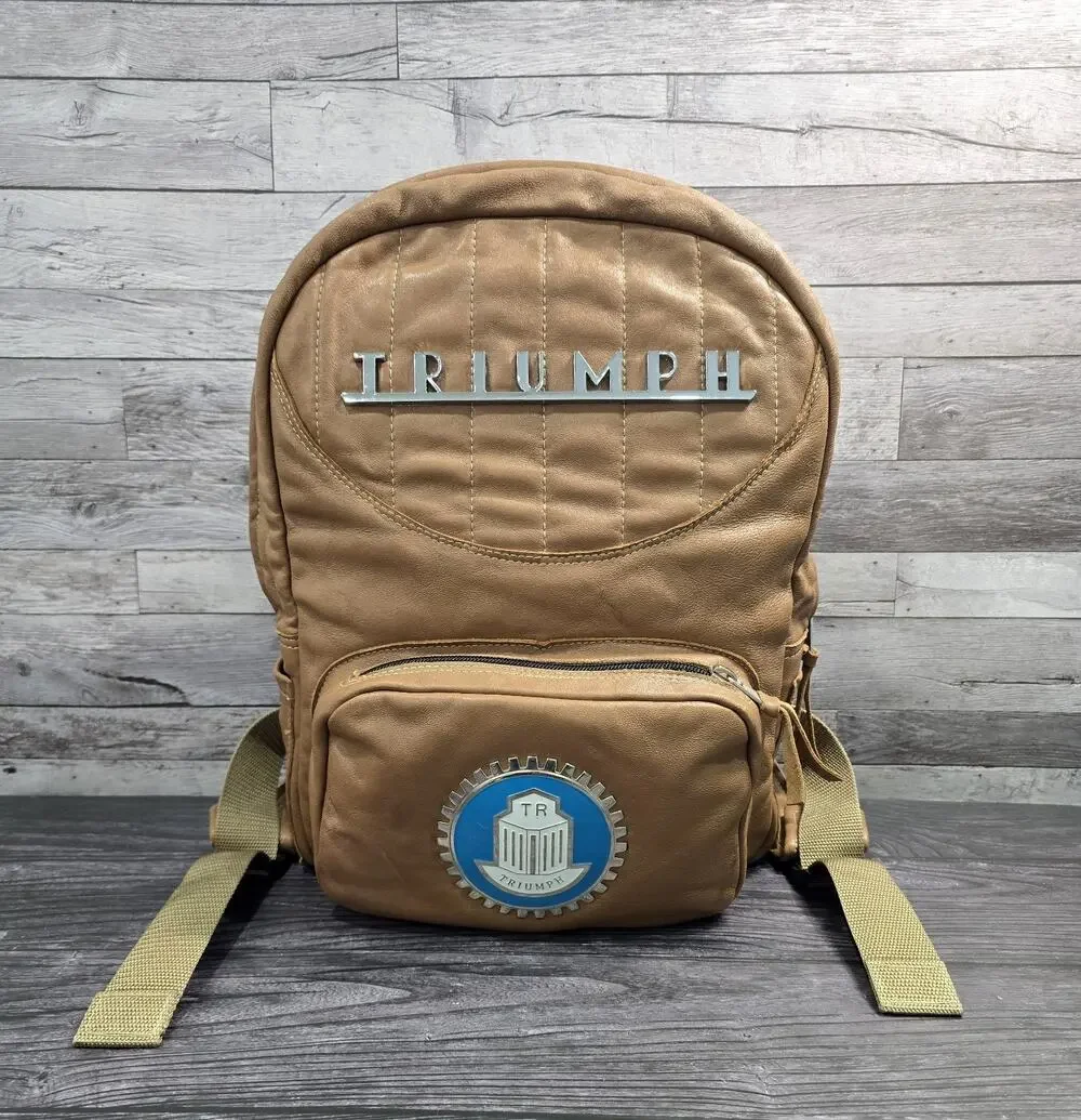 Custom One-of-a-Kind Triumph Moto & Auto Leather Backpack - Vintage Badges